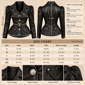 Women’s Black <b>Leather</b> <b>Blazer</b> <b>Jacket</b> Fitted Peplum Puff Sleeve Heart Pocket Coat - Product Image 3