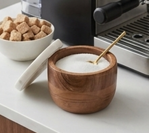Round Wooden Salt And Sugar With Marble Lid And Brass Spoon Herb & Spice Tool Durable Finish For Elegant Restaurant <b>Dining</b> - Product Image 3