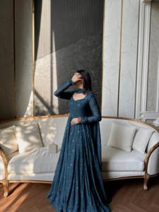 Elegant Blue Rayon Salwar Kameez With Dupatta Floor-Length Loose Fit Women's Wedding Wear India Pakistan Style - Product Image 1