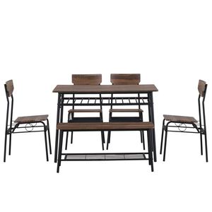 Modern 6-Piece Dining Set for Home <b>Kitchen</b> Rectangular Table <b>Bench</b> <b>with</b> 4 Chairs and <b>Storage</b> Racks Steel Frame by NA - Product Image 2
