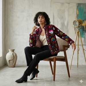 Suzani Embroidered Quilted Knitted Velvet Bomber <b>Jacket</b> Handcrafted Floral Boho Statement Wear Full Sleeve Autumn Reversible - Product Image 1