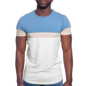 <b>Mens</b> Color Block Crew Neck T-<b>Shirt</b> Short Sleeve Light Blue Beige and White Horizontal Stripe Casual Cotton Top Custom Logo - Product Image 1
