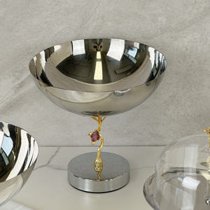 Silver Pedestal Serving Bowl Gold Ginkgo Leaf Blue <b>Crystal</b> Stem Elegant Metal Footed Compote Chalice Home Decor - Product Image 3