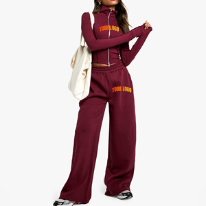 Ensemble 2 pièces oversize zippé en polaire pour femme, style vintage, avec logo personnalisé, broderie en strass et dentelle, collection hiver, vente en gros - Product Image 1