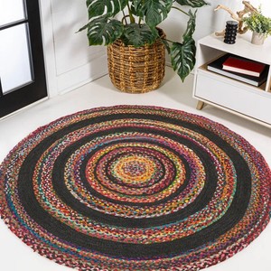 Tapis rond bohème tressé, motif abstrait multicolore, fait main, à poils ras, pour la décoration du salon - Product Image 4