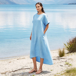 Vestido Vintage de Manga Corta con Lazo, Cintura Alta, Corte Holgado, para Todas las Temporadas, con Bolsillos, Estilo Minimalista, Tallas Grandes, Precio al por Mayor - Product Image 1