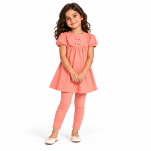 Conjunto de Túnica con Volantes y Lazo Rosa Coral para Niñas, Conjunto Casual de Dos Piezas para Niños, Tela Acanalada Suave, Ropa de Verano al por Mayor - Product Image 1