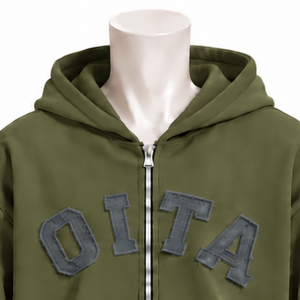 Sudadera con capucha verde oliva personalizada para hombre, con cremallera, apliques de letras en chenilla, forro polar grueso, estilo casual oversize, ropa urbana. - Product Image 3