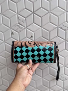 Étui de téléphone en cuir véritable fait main de luxe, motif à carreaux élégant, multi-usages, portefeuilles en cuir véritable pour femmes - Product Image 3