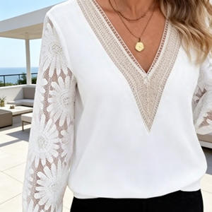 Oferta en Temu: Blusa Elegante de Encaje con Cuello en V para Mujer, Estilo Casual y Holgado, Ideal para Oficina, Fiestas, Vacaciones y Primavera - Product Image 6