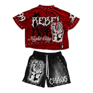 Ensemble t-shirt et short en coton 220 GSM de haute qualité, bleu et noir, avec détails rivets et logo imprimé en relief, 2 pièces. - Product Image 5