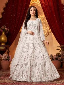 Robe longue ethnique indienne Anarkali pour femmes vêtements de fête adultes fantaisie broderie filet Dupatta en filet - Product Image 4