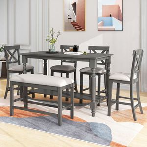 Juego de Comedor de 6 Piezas con Mesa de Altura Media, Estante y 4 Sillas con Banco para una Experiencia de Comedor Confortable - Product Image 1