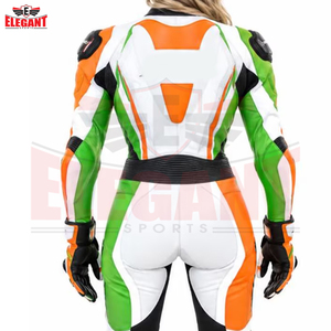 Combinaison de moto en cuir une pièce pour femme, nouvelle tendance, color block orange, vert et blanc, avec protections coulissantes, marque privée - Product Image 6