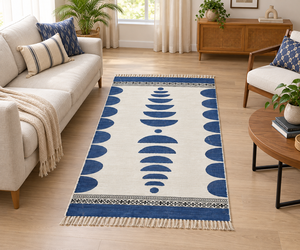 Blue White Rectangle <b>Runner</b> <b>Rug</b> Geometric Design Hand Woven Cotton Eco-Friendly Pet Friendly Customizable Size Boho 3x10 - Product Image 1