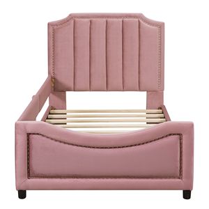 Letto a giorno classico a righe rosa imbottito, misura singola, per bambini, con elegante testiera - Product Image 3