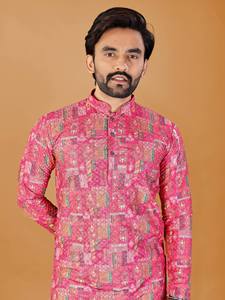 Elegant Ethnic Kurta Pajama Set for Men with Schifli Embroidery and Contemporary Printed Pattern - Product Image 5