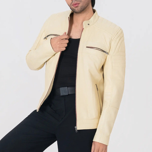 Icon by Gilani <b>Men</b>’s Cream Biker <b>Leather</b> <b>Jacket</b> - Moto Cafe Racer <b>Jacket</b> Cream - Product Image 2