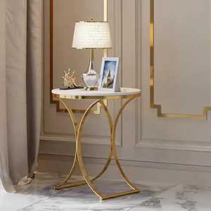 Luxury Gold Frame Side <b>Table</b> with White Top and Glass Vase of Roses Modern Living Room Accent with Pink Chair and Green Plant - Product Image 3