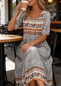 Vestido Boho para Mujer, Verano 2026, Casual, Manga Corta, Holgado, Estampado Floral, Maxi Vestido Fluido, Estilo Vintage, Vestido de Playa - Product Image 3