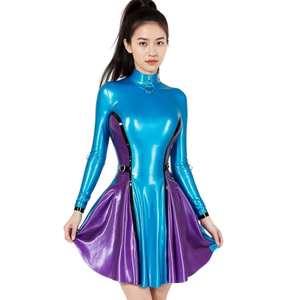 High Neck Long Sleeve Metallic PU <b>Dress</b> Fit And Flare Mini Color Blocked With Zippers Party Wear Sexy Club Style - Product Image 5