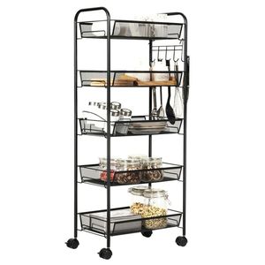 Black 5-Tier Mesh Rolling Cart with 5 Detachable <b>Baskets</b> Hooks Lockable Universal Wheels <b>Foldable</b> Universal for Food & Cleaning - Product Image 1