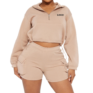 Trendy Loose Fit Crew Neck Cotton Casual <b>Twin</b> <b>Set</b> 2026 Wholesale Rate Women's 2 Piece Long Sleeve Crop Sweat Top And Shorts <b>Set</b> - Product Image 1