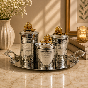 Luxury Silver Stainless Steel <b>Canister</b> <b>Set</b> Tray 3 Jars Pumpkin Design Lids Smell Proof Food Safe Handcrafted Dishwasher Party - Product Image 1