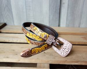 Cinturones de cuero genuino personalizados occidentales para mujer, hechos a mano, marrón y amarillo con hebilla de níquel, directo de fábrica - Product Image 3