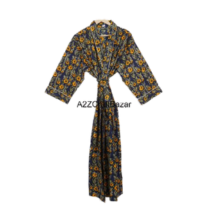 Kimono con estampado de bloque de algodón 100% de la mejor calidad para mujer, bata Floral ligera, cintura elástica para verano, Primavera, Frente surtido - Product Image 1