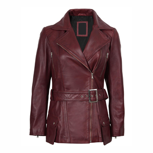 Top Trendy Burgundy Genuine Leather Moto <b>Jacket</b> Women Full Sleeve Spread Collar Zipper Closure Belted Design Autumn Wear - Product Image 1