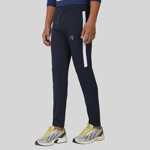 Pantalon de survêtement sport bleu quatre directions avec bande latérale, logo personnalisable, impression HD, délavage coloré, 100 % polyester, séchage rapide, tailles homme M/L/XL - Product Image 1
