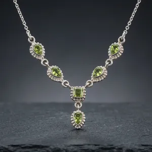 Collar de Peridoto Vintage para Mujer, Cadena de Plata con Engaste de Bisel en Forma de Gota de Agua, Joyería para Fiesta - Product Image 4