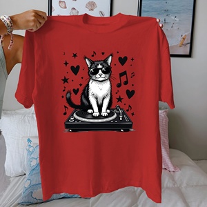 T-shirt décontracté en coton 100% pour femme, imprimé lunettes de soleil Cool Cat, coupe confortable - Product Image 3
