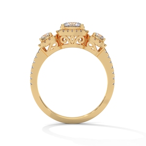 Anillo de Diamantes de Tres Piedras con Halo, 1.38 Quilates, Color G, Claridad VS1, en Oro Amarillo - Product Image 3
