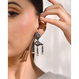 Meera Jaipur Dhwani Haar <b>Silver</b> Jhumki <b>Pearl</b> <b>Earrings</b> - Product Image 1