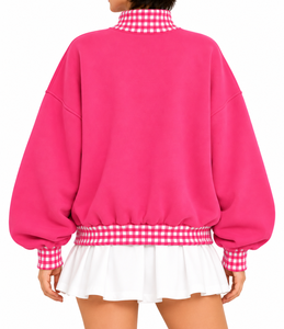 OEM Custom <b>Women</b>’s <b>Christmas</b> Oversized Mock Neck <b>Sweatshirt</b> Gingham Sleeves Letter Applique Embroidery Drop Shoulder Winter - Product Image 6