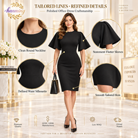 Robe mi-longue crayon à manches courtes évasées et volants pour femme