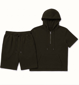 Ensemble sweat à capuche zippé en coton tricoté à manches courtes et short pour homme – Qualité supérieure, respirant, décontracté, personnalisable avec logo - Product Image 3