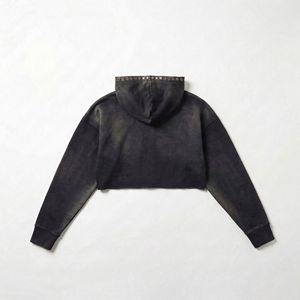 Black Washed Cropped Half‑Zip Hoodie with Metal Eyelets — Raw Hem| Streetwear Capsule OEM / Private Label - Product Image 2