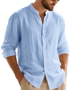 Chemise d'été pour homme, tissée, respirante, col montant, couleur unie, décontractée, confortable, manches longues, en provenance du Bangladesh - Product Image 1