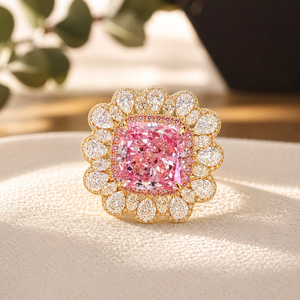 Pink <b>Cushion</b> Cut Gemstone Promise Ring Halo Plated White Gold Engagement Band <b>for</b> Women Moissanite Luxury Jewelry - Product Image 3