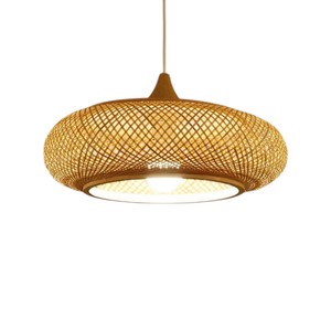 Handmade Woven Bamboo <b>Lampshade</b> Flat Round Pendant Light Fixture Modern Natural Wicker Chandelier <b>Hanging</b> Lamp - Product Image 1