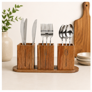 Handcrafted 3-Compartment Wooden Cutlery Holder Eco-Friendly Rustic Silverware <b>Caddy</b> & Utensil Organizer For <b>Kitchen</b> Countertop - Product Image 4