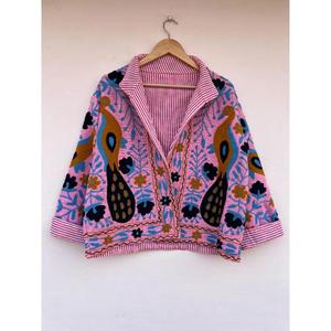 TNT Suzani Hand Embroidered Knitted Short Jacket <b>Duster</b> Gift for Her Autumn Winter Cotton Coat - Product Image 4