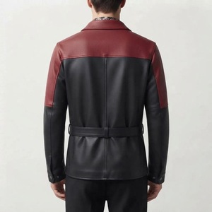 Chaqueta de Cuero para Hombre, Estilo Motero, Color Rojo y Negro, Cuello Camisero, Cierre de Cremallera, Cinturón, Corte Ajustado - Product Image 5
