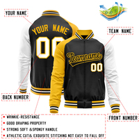 Veste universitaire personnalisée pour homme, noire, jaune et blanche, style baseball, fermeture éclair sur le devant, nom et numéro de l'équipe imprimés, vêtement décontracté pour l'automne
