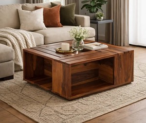 Modern Square Solid Wood <b>Coffee</b> <b>Table</b> with Central Cutout |Unique Slatted Wood Square <b>Coffee</b> <b>Table</b> with Planter Hole |B2B Wholes - Product Image 1
