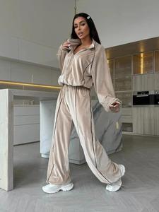 Ensemble de survêtement en velours pour femme, haut zippé à manches longues, pantalon large, coupe ample, toutes saisons, couleur unie, tenue décontractée et sportive - Product Image 4