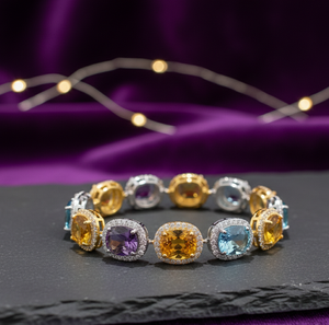 Brazalete de Plata de Ley 925 Chapado en Oro de 18K con Circonitas Cúbicas, Hidro Azul y Amatista Azul, Talla 2.6, para Boda - Product Image 1